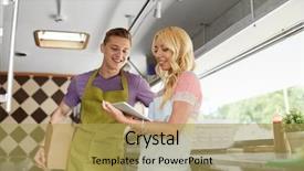  Presentation with food technology - Colorful slide set enhanced with happy couple of young sellers backdrop and a yellow colored foreground