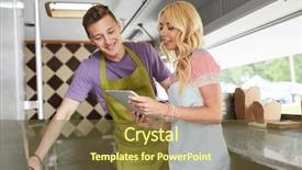  Presentation with people street - PPT theme featuring happy couple of young sellers background and a tawny brown colored foreground