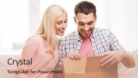 Presentation with postal service - Colorful slide set enhanced with happy couple opening cardboard box backdrop and a coral colored foreground