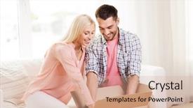  Presentation with postal service - Colorful slide deck enhanced with happy couple opening cardboard box backdrop and a coral colored foreground