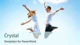  Presentation with free family - Presentation design featuring happy couple outdoor jumping family background and a sky blue colored foreground
