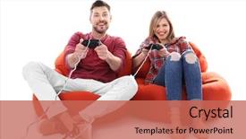  Presentation with video game - Theme with happy couple playing video game background and a coral colored foreground