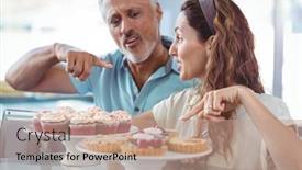  Presentation with bakery - Cool new slide deck with happy couple pointing cakes in the bakery store backdrop and a coral colored foreground