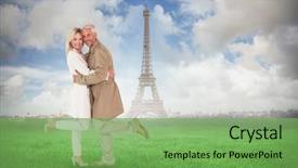  Presentation with coats - Cool new PPT theme with happy couple posing in trench coats against eiffel tower backdrop and a seafoam green colored foreground