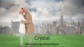  Presentation with coats - PPT layouts featuring happy couple posing in trench coats against cloudy sky over city background and a seafoam green colored foreground