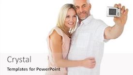  Presentation with selfie - Presentation design with happy couple posing for a selfie on white background background and a lemonade colored foreground