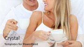  Presentation with newspaper - Audience pleasing slides consisting of happy couple reading a newspaper and drinking coffee lying on their bed backdrop and a coral colored foreground