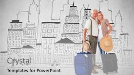  Presentation with happy holiday - Audience pleasing presentation theme consisting of happy couple ready to go on holiday against white background backdrop and a light gray colored foreground