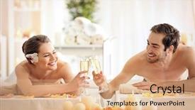  Presentation with young happy couple - Slides having happy couple relaxing in spa background and a coral colored foreground