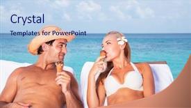  Presentation with honeymoon - Colorful PPT theme enhanced with happy couple relaxing on the beach resort sitting on sunbed eating tasty ice cream and looking on each other romantic honeymoon backdrop and a light blue colored foreground
