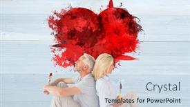  Presentation with bleached - Presentation theme featuring happy couple sitting and holding paintbrushes against bleached wooden planks background background and a sky blue colored foreground