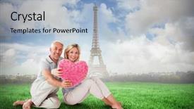  Presentation with eiffel tower - PPT theme with happy couple sitting and holding heart pillow against eiffel tower background and a light blue colored foreground