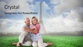  Presentation with eiffel tower - Slide deck consisting of happy couple sitting and holding heart pillow against eiffel tower background and a light blue colored foreground