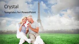  Presentation with eiffel tower - Slides enhanced with happy couple sitting and holding present against eiffel tower background and a light blue colored foreground
