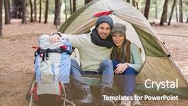  Presentation with wilderness - Slides consisting of happy couple sitting in tent with backpack in the wilderness background and a coral colored foreground