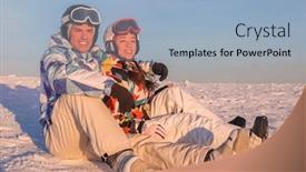  Presentation with ski - Amazing PPT theme having happy couple sitting on snowy mountain peak at ski resort winter vacation backdrop and a light blue colored foreground