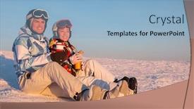  Presentation with ski - Slide deck enhanced with happy couple sitting on snowy mountain peak at ski resort winter vacation background and a light blue colored foreground