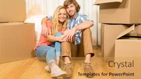  Presentation with new home - Audience pleasing presentation theme consisting of happy couple sitting on the floor in new home backdrop and a yellow colored foreground