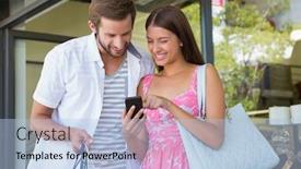  Presentation with shopping - Slide set featuring happy couple smiling and looking at mobile phone after shopping background and a light blue colored foreground
