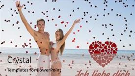  Presentation with camera - Slides consisting of happy couple smiling at camera and waving against ich liebe dich background and a coral colored foreground