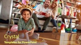  Presentation with birthday kids - Cool new PPT theme with happy-couple-taking-a-photo backdrop and a tawny brown colored foreground