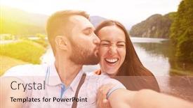  Presentation with selfie - Slide set with happy couple taking selfie against beautiful view with lake and hills background and a coral colored foreground