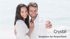  Presentation with selfie - Presentation design featuring happy couple taking selfie at the beach background and a white colored foreground