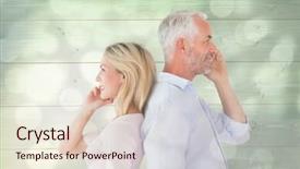  Presentation with smartphones - Presentation design enhanced with happy couple talking on their smartphones against light circles on grey background background and a lemonade colored foreground