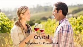  Presentation with toasting - Slide set with happy couple toasting glasses of wine in vineyard background and a coral colored foreground