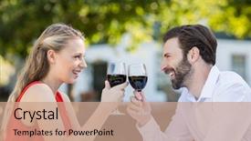  Presentation with restaurant toasting - Cool new PPT theme with happy couple toasting glasses of wine in a restaurant backdrop and a coral colored foreground