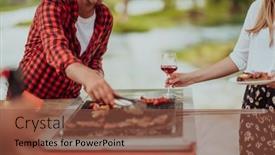  Presentation with outdoor party - Presentation having happy-couple-toasting-red-wine background and a tawny brown colored foreground