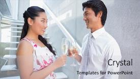  Presentation with toasting - PPT theme having happy couple toasting with champagne on the stairs background and a light gray colored foreground