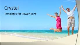  Presentation with young happy couple - Theme enhanced with happy couple tourists jumping background and a light gray colored foreground