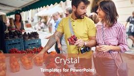  Presentation with market food - Slide deck featuring happy-couple-traveler-buying-fresh background and a coral colored foreground