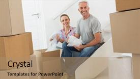  Presentation with movie theater loving couple - Colorful presentation enhanced with happy couple unpacking cardboard moving backdrop and a  colored foreground