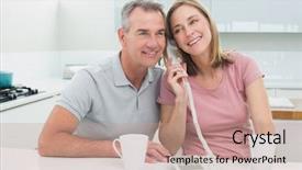  Presentation with phone - PPT layouts featuring happy couple using landline phone background and a coral colored foreground