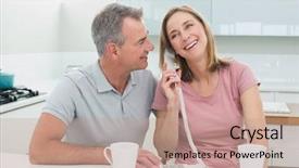  Presentation with phone - PPT theme enhanced with happy couple using landline phone background and a coral colored foreground