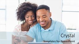  Presentation with using digital tablet - Theme featuring happy couple using mobile phone background and a  colored foreground