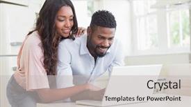  Presentation with home - Beautiful presentation design featuring happy couple using their laptop backdrop and a light gray colored foreground