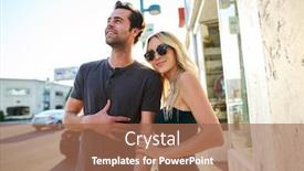  Presentation with walking together - PPT theme featuring happy couple walking together on sidewalk in los angeles background and a coral colored foreground