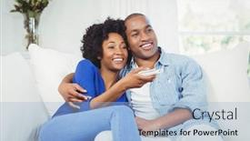  Presentation with television watching - Beautiful PPT theme featuring happy couple watching television on the sofa in the living room backdrop and a light blue colored foreground