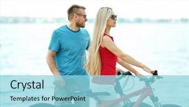  Presentation with bicycles - Beautiful presentation design featuring happy couple with bicycles on the beach backdrop and a light blue colored foreground