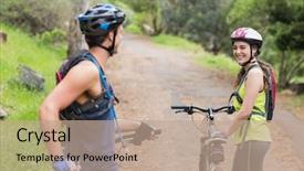  Presentation with bikers - Slide deck with happy couple with bikers looking at each other on footpath in forest background and a coral colored foreground