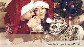  Presentation with happy holiday - Slides with happy couple with champagne lie near xmas tree and decoration at home winter holiday and love concept yellow toned background and a coral colored foreground