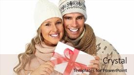  Presentation with white christmas - Presentation design consisting of happy couple with christmas present background and a  colored foreground