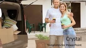  Presentation with electric car charging battery cells - Amazing theme having happy couple with coffee near backdrop and a  colored foreground