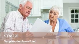  Presentation with home documents - PPT layouts featuring happy couple with documents while sitting at table in home background and a coral colored foreground