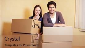  Presentation with cases - Theme featuring happy couple with many packing cases moving house background and a coral colored foreground