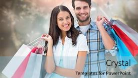  Presentation with shopping - Presentation with happy couple with shopping bags against blurred christmas background background and a light blue colored foreground