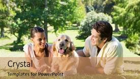  Presentation with dog park - Slides consisting of happy couple with their dog in the park on a sunny day background and a coral colored foreground